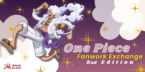 The text reads: "What is a remix? In a remix exchange, you re-imagine an existing fanwork in your style and preferred medium". To the side of the text, Luffy proudly holds up a black with his badly-drawn version of the classic Strawhat logo